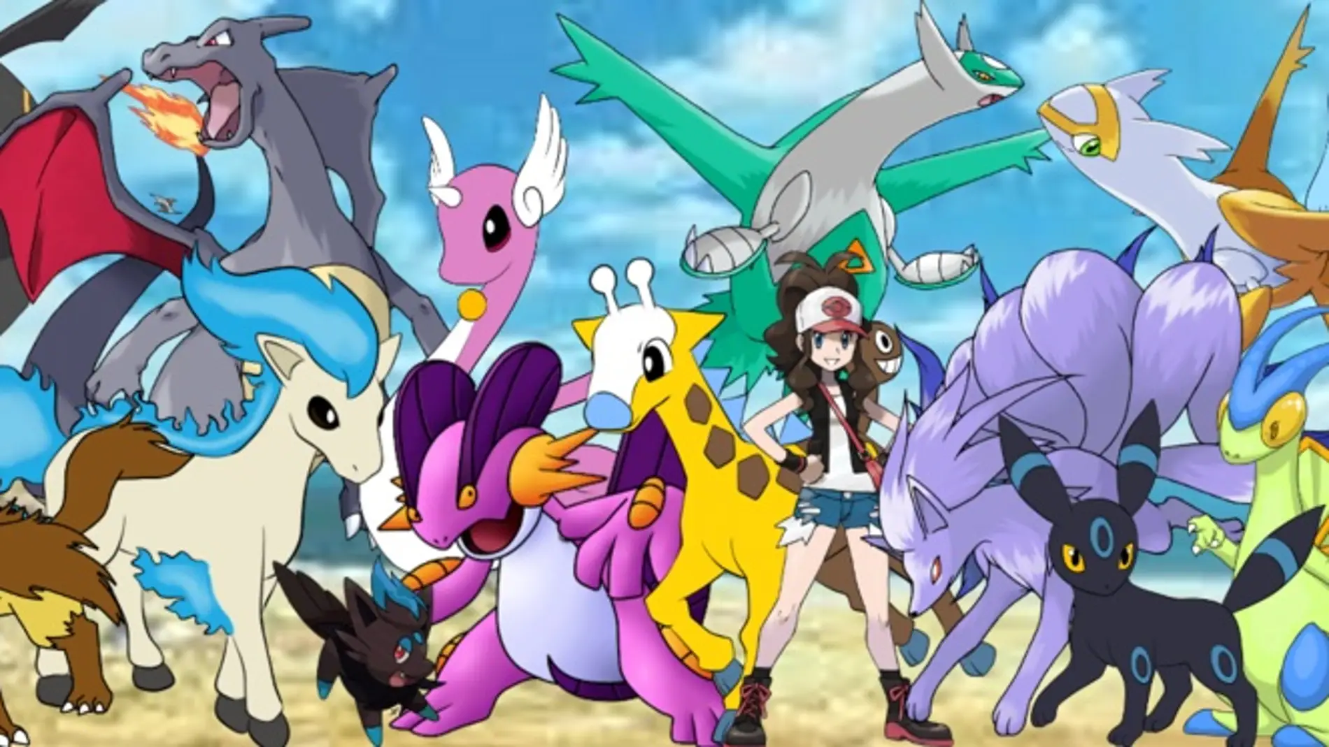 Blanca, junto a varios Pokémon shiny