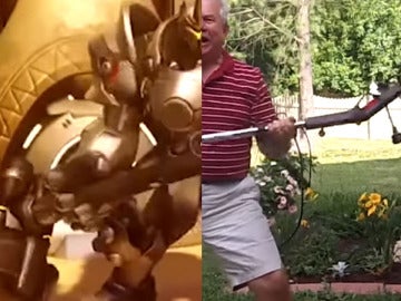 Padre de Nick Luciano imitando a un personaje de Overwatch