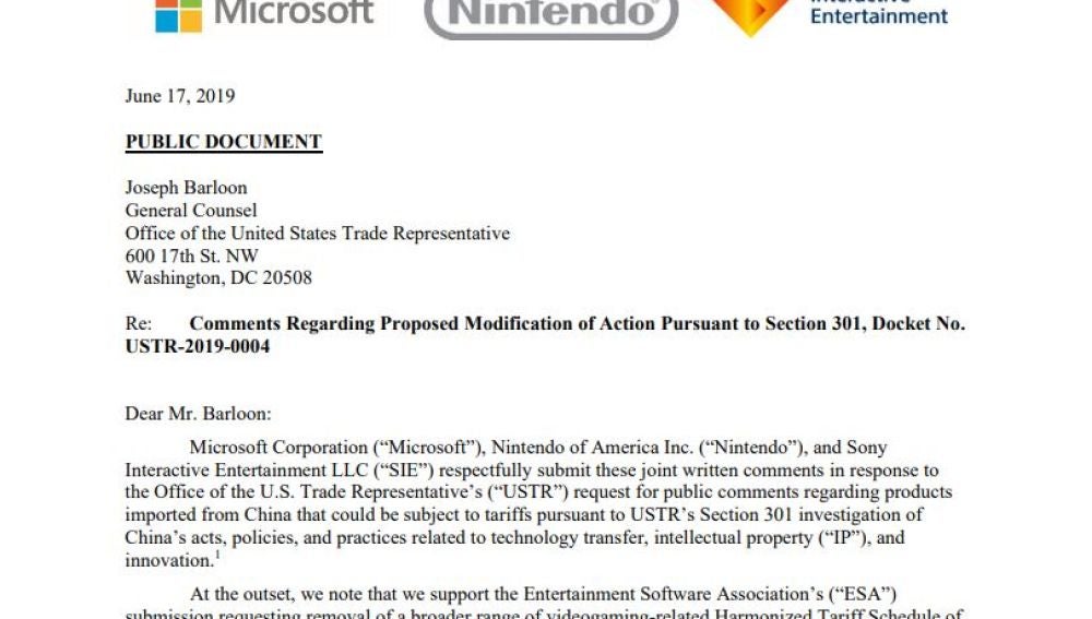Parte del escrito de Nintendo, Sony y Microsoft