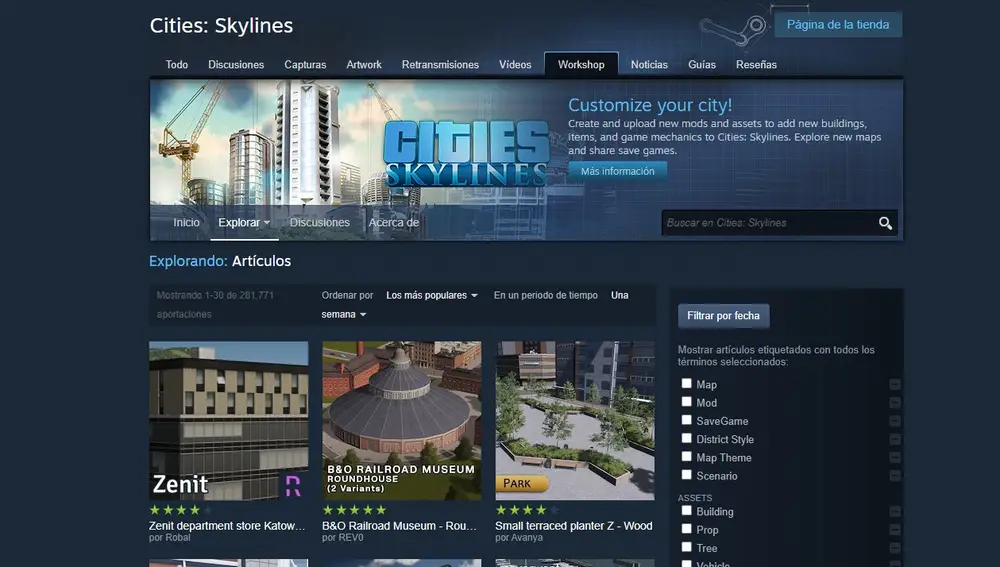 Página de mods de Cities Skylines en Steam