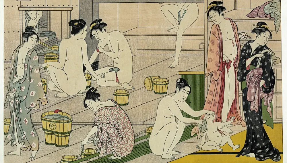Cuadro de mujeres en un baño japonés