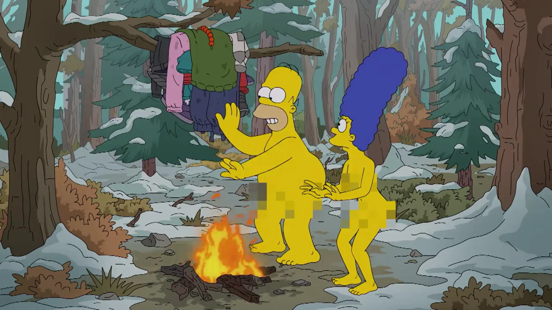 Homer y Marge acaban desnudos en medio del bosque luchando por su supervivencia