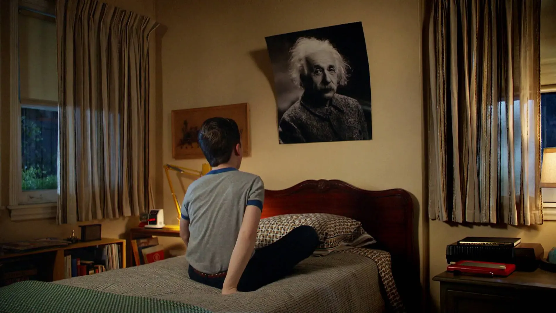 Sheldon hablando con un póster de Albert Einstein